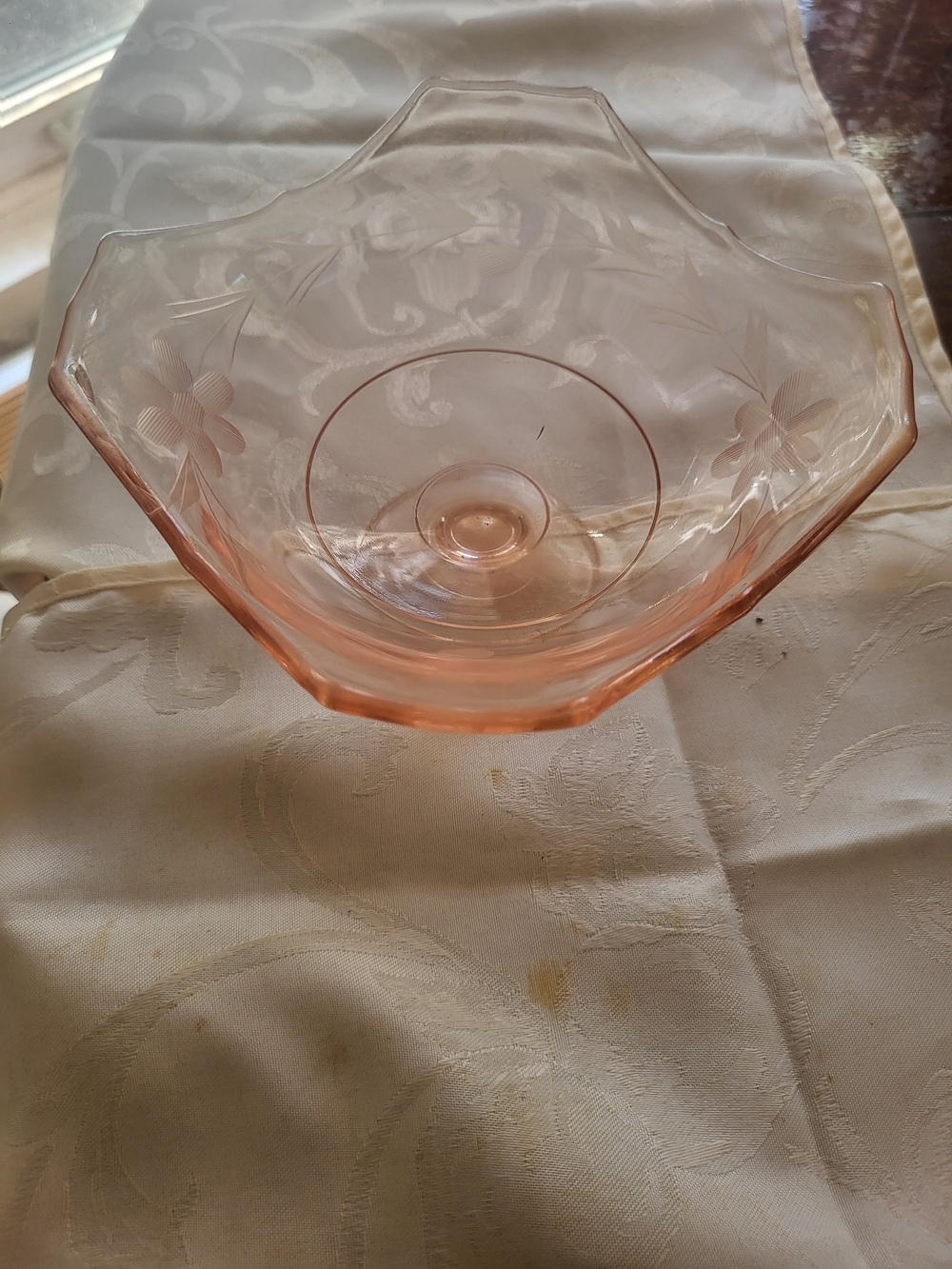 Pink Wild flower Footed Bowl 1930's, Center Piece, Rare Pink Depression Glass